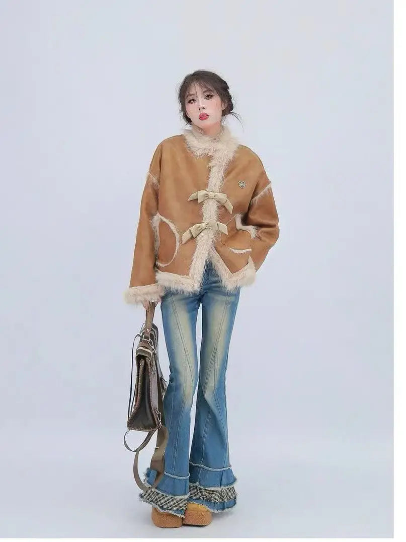 Minimally Designed Micro Flared Jeans Autumn Spring Niche Plaid Splicing Slim Versatile Long Pants