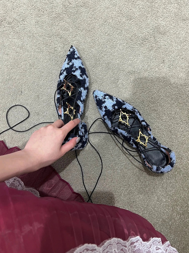 Cross Straps Sandals Pointed Toe Gold Star Detail Mixed Color Low Block Heels Ankle Lace Up Summer Rubber Shoes