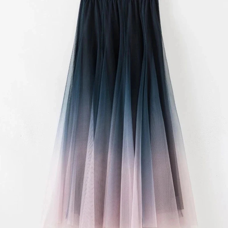 Tulle Skirts High Waist Gradient Mesh Pleated Midi Skirt Korean Elastic Loose All Match a Line Skirt