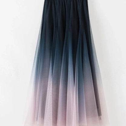 Tulle Skirts High Waist Gradient Mesh Pleated Midi Skirt Korean Elastic Loose All Match a Line Skirt