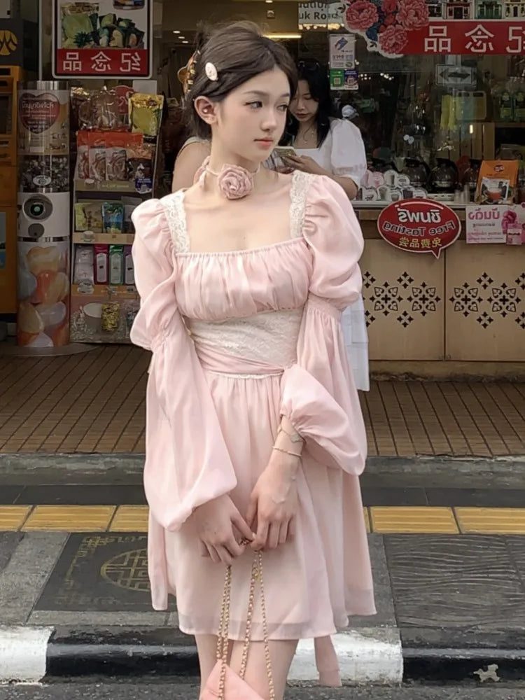 Summer Chiffon Midi Dress Lace Y2k Lolita Fairycore Puff Sleeve High Waist French Evening Party Dresses Prom Robe