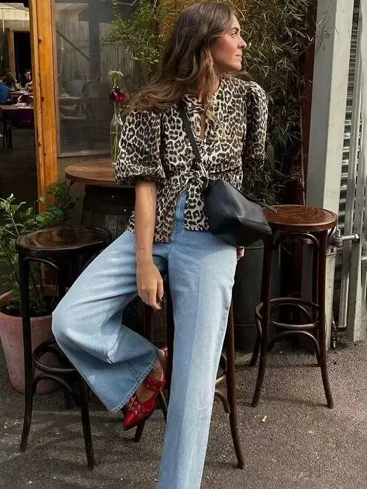 Summer Loose Puff Short Sleeves Tops for Woman Leopard Printed Lace Up Round Neck Tshirt Female Blouse Top
