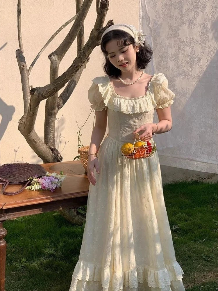 Lace Ruffles Long Dresses Square Neck Spring Summer Princess Dress Aline Sweet Vestidos Mujer