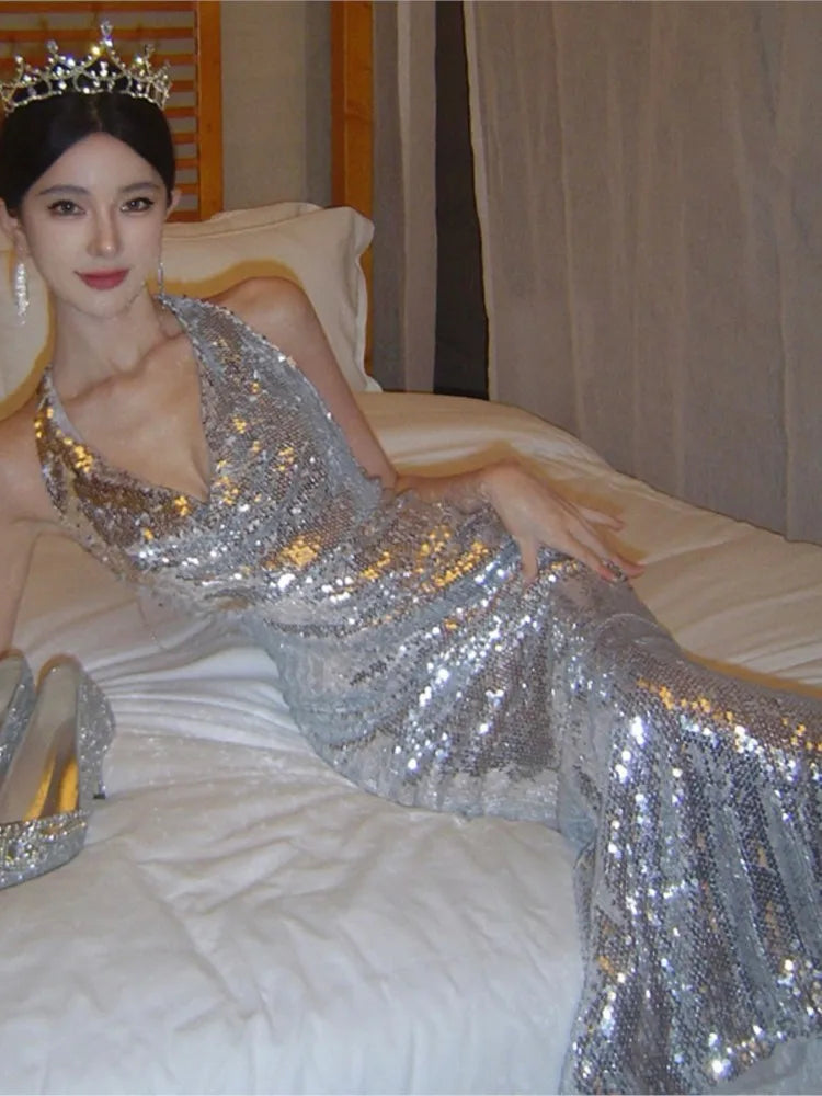 Bodycon Sequined Prom Robe V-neck Backless Sleeveless Evening Party Dress Wedding Slim Mermaid Long Dresses for New