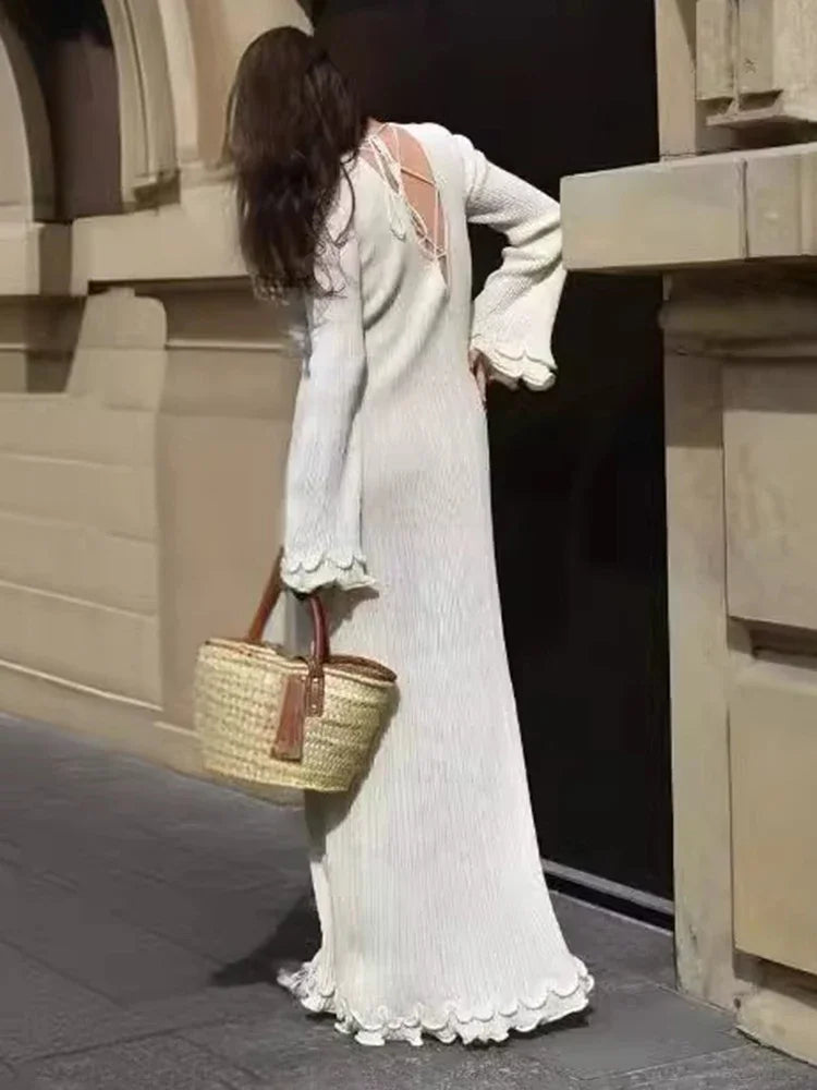 Long Sleeve Slim Maxi Fungus Dress for Backless Long Dress Club Party Clothes Autumn Winter New