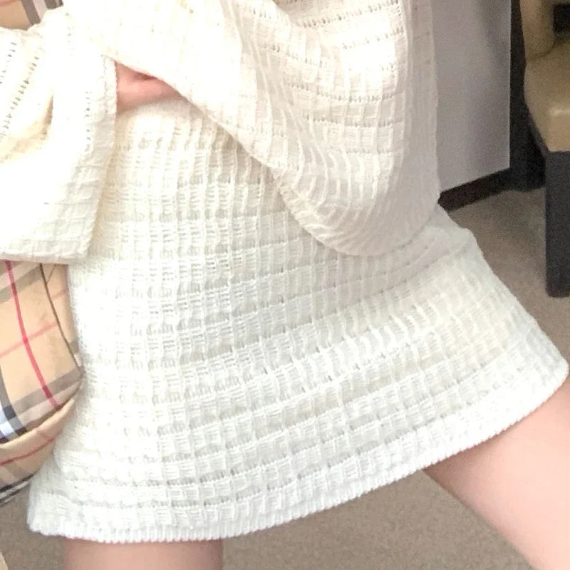 Autumn New Oneck Color All Match Hollow Flare Sleeve Sweater + High Waist Knitted Skirt Twopiece Suit