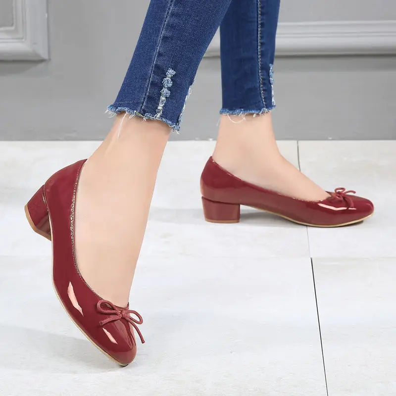 Spring New Round Toe Burgundy Cherry Red Ballet Shoes High Low Heel Bow Pumps Low Top Flat Patent Leather Small Red Shoes