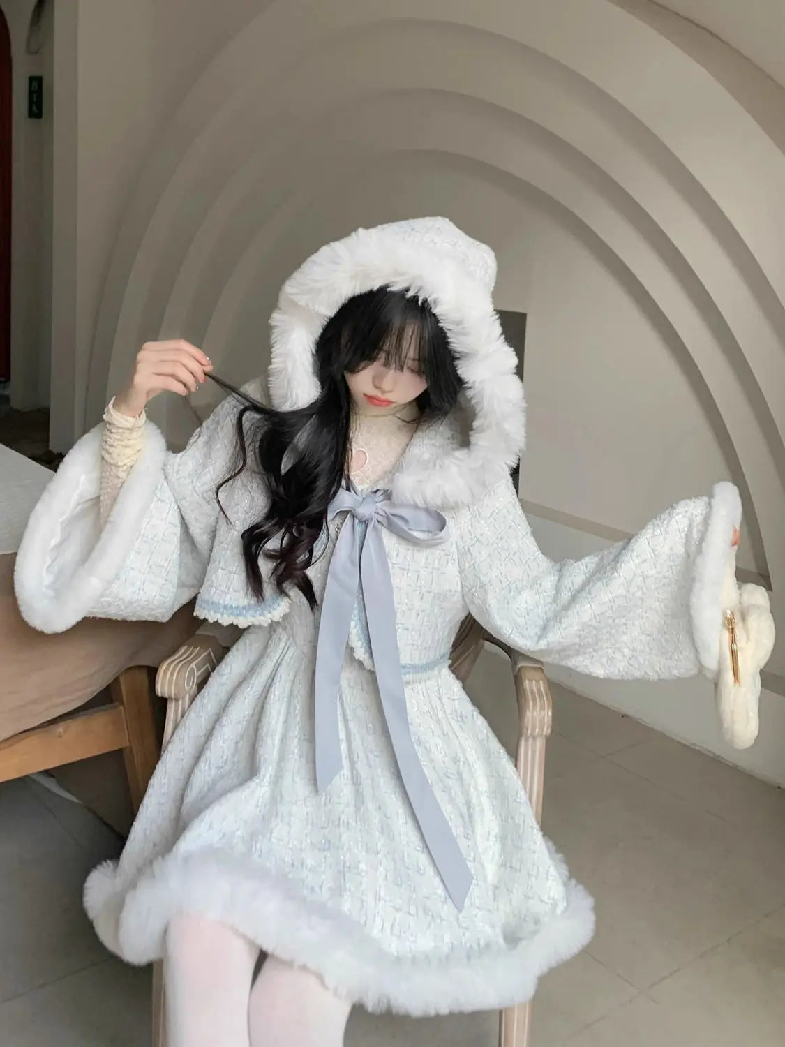Autumn/winter New Set Sweet Girl Bow Plush Hooded Coat Slimming Aline Strap Camisole Dress Two Piece Sets Outfits