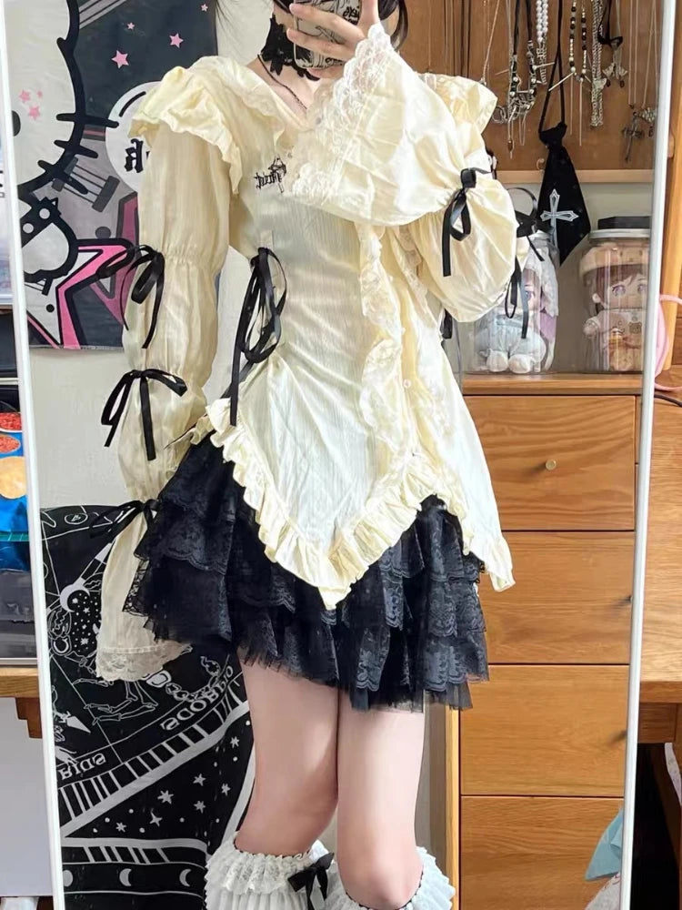 Y2k Aesthetic Lace Shirt Egirl Ruffle Irregular Goth Embroidery Blouses With Bow Fairycore Grunge Lolita Style Clothes