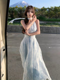 Sweet Blue Chiffon Dress Beach White Midi Dress Korean Evening Party Sleeveless Y2k Summer
