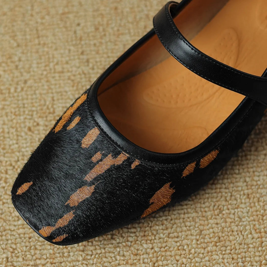 3442 Leopard Horsehair Mary Jane Flats Square Toe Female Soft Comfortable Slim Shoes Hot