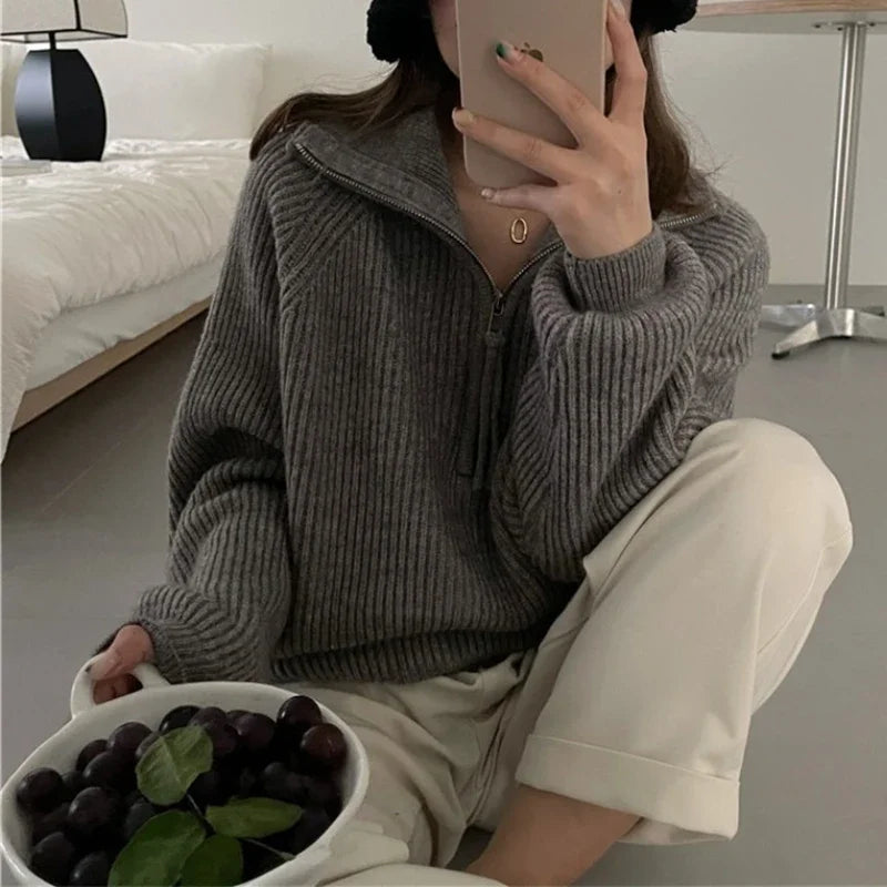 High Street Loose Thread Long Sleeve Sweater Autumn New Turn Down Collar Zipper Color Cashmere Knit Tops