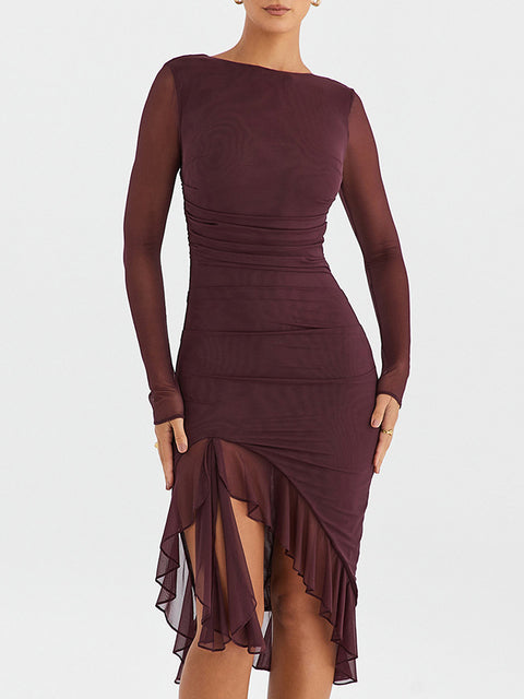 Ruffle Ruched Midi Dress for Robe Sheer Long Sleeve Backless Irregular Club Party Dress Vestido