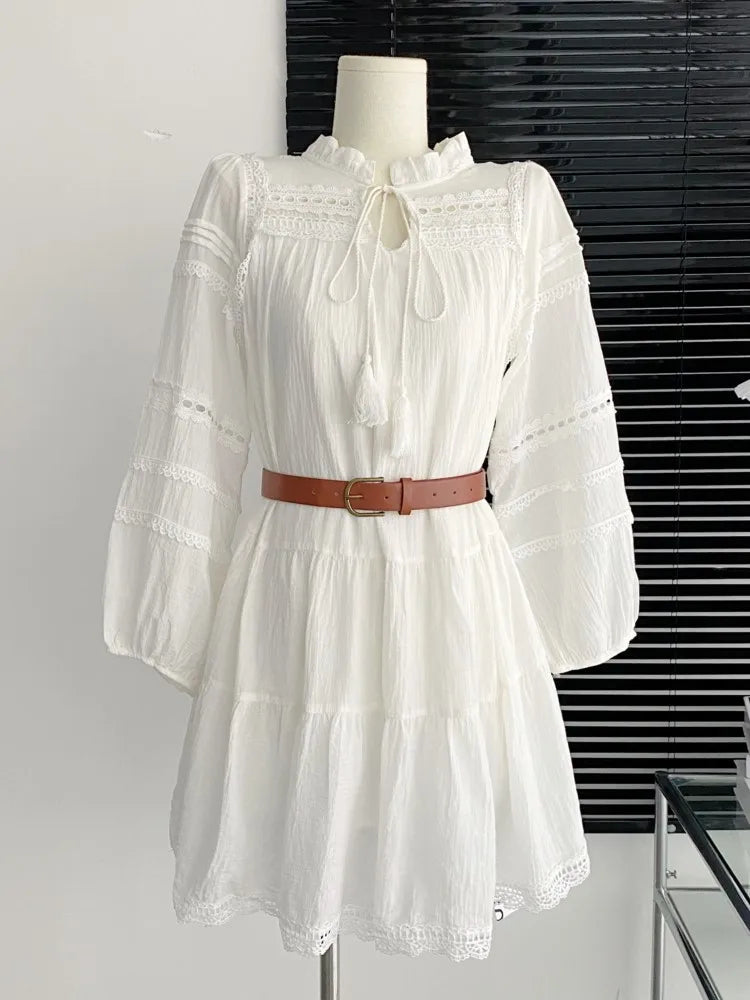 New Summer White Short Dresses for Lantern Sleeve With Belt Mini Dress French Style Shirt Vestidos