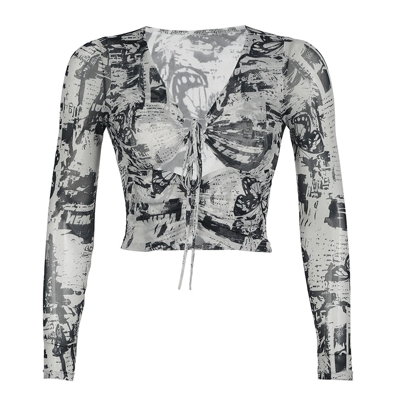 Grunge Mesh Butterfly Print Crop Top See Through Long Sleeve Hollow Out T-shirt Stylish Y2k Street Outfits