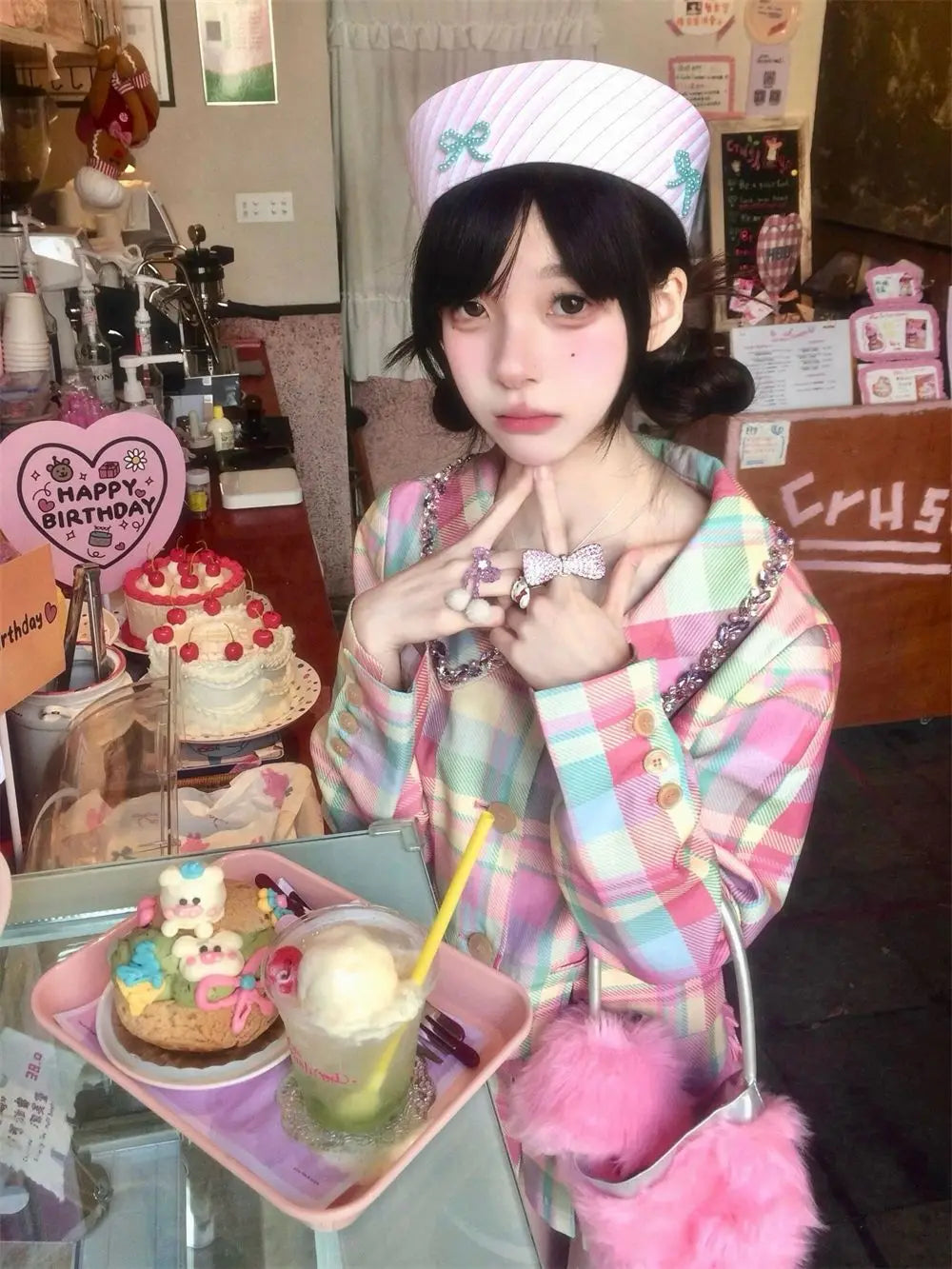 Sweet Rainbow Plaid Skirts Set Autumn New Doll Neck Coat Top High Waist Slim Pleated Short Skirt Two Piece Sets Outfits