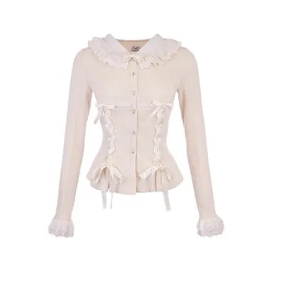 Soft Sweater Cardigan New Autumn Bow Pearl Single Breasted Oneck Sweater Sweet Coat