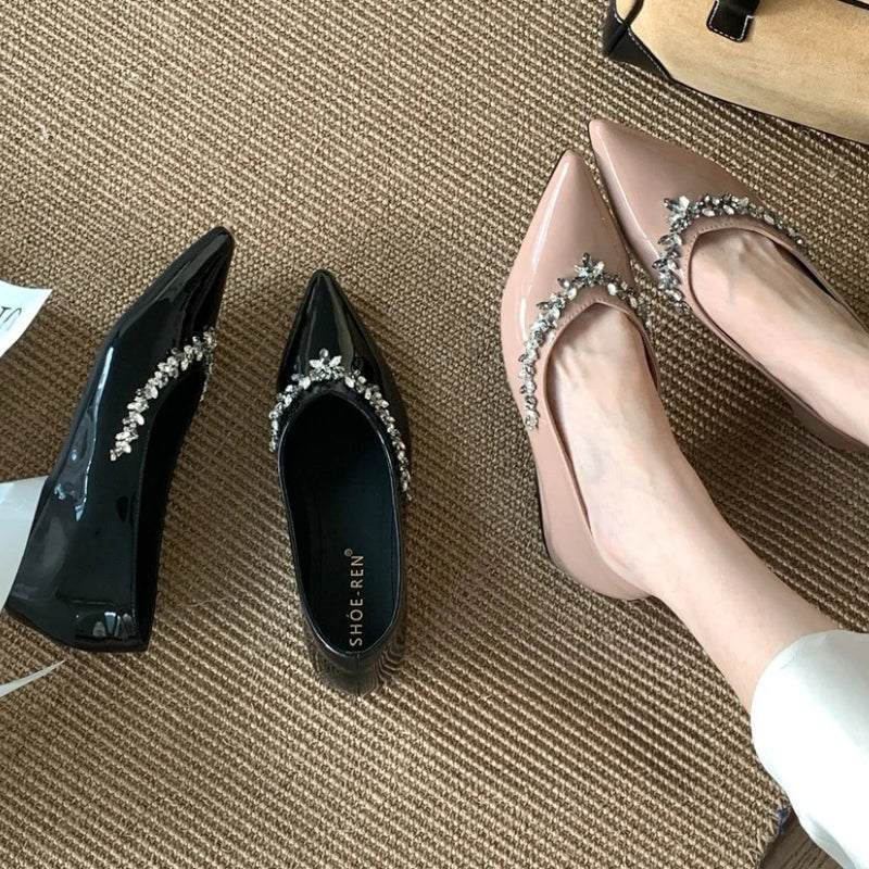 Crystal Shallow Mouth Pumps Pointed Toe Low Heeled Slingback Sandals Party Dress Shoes Branded Loafers
