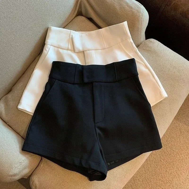 Suit Shorts High Waist Wide Leg Shorts Office Lady Korean Black White Simple All Match Short Pants