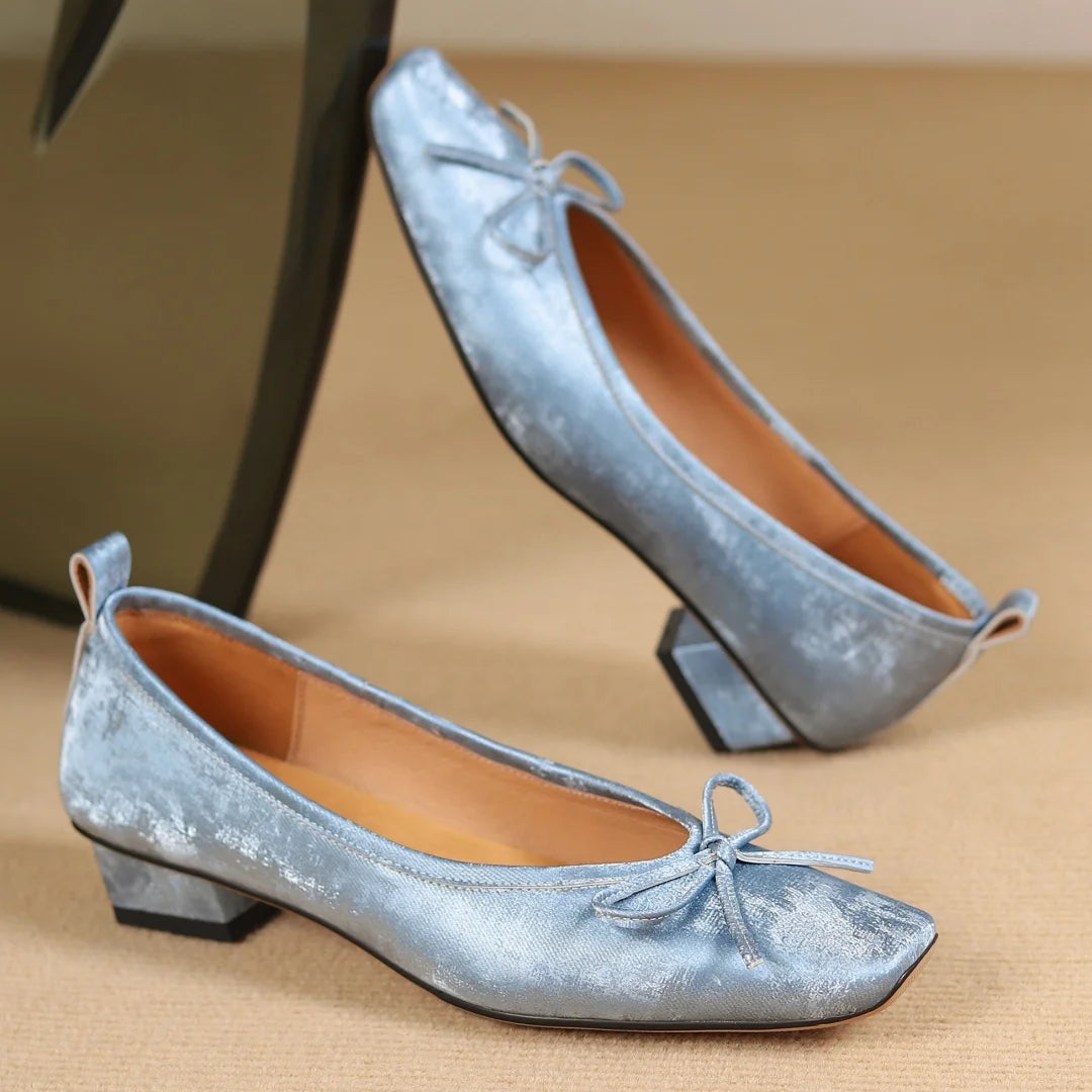 Genuine Leather Square Toe Slipon Flats Slim Single Shoes Sweet Bowtie Retro Female Daily Footwear Soft Comfort Shoes