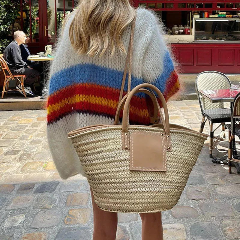V Neck Simple Patchwork Striped Sweaters, Autumn Winter Long Lantern Sleeve Cardigan, Loose Knitted Tops
