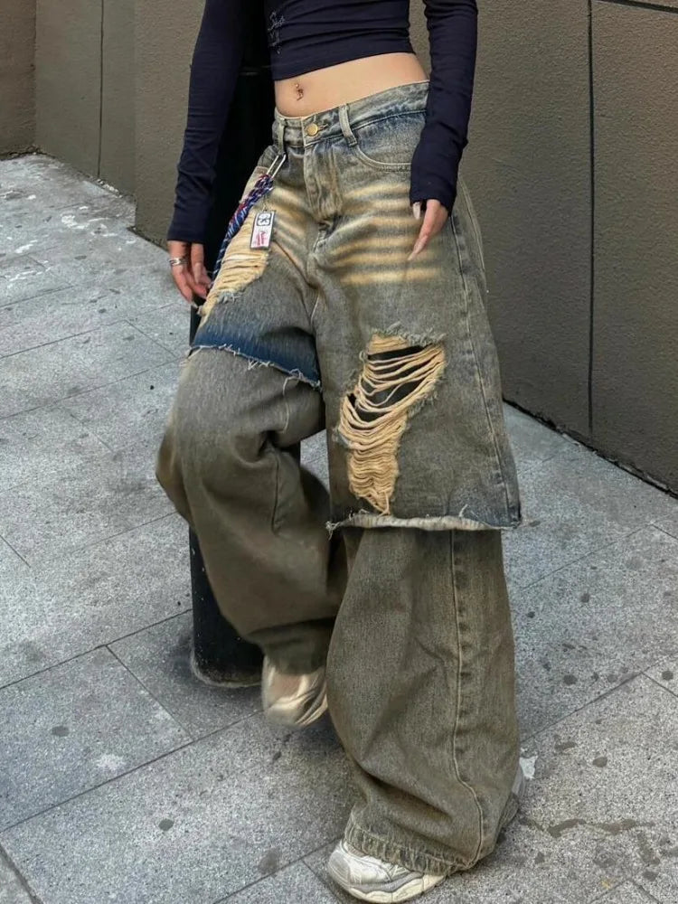 American Oversize Washed Denim Pants Spring Autumn New Loose Jeans for Y2k High Waist Hole Wide Leg Pants