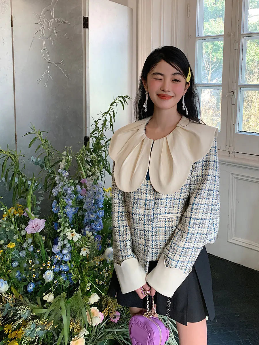 Spring New Petal Ruffled Collar Spliced Loose Tweed Coat Clothing Winter Coat High End Sweet Short Jackets Tops