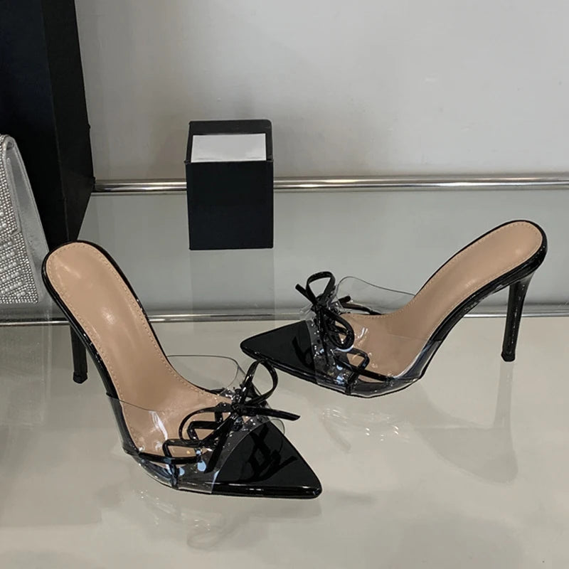 Pointed Toe Red High Heels Transparent Slippers Leather Bowknot Designer Sandal Summer Party Dress Shoes