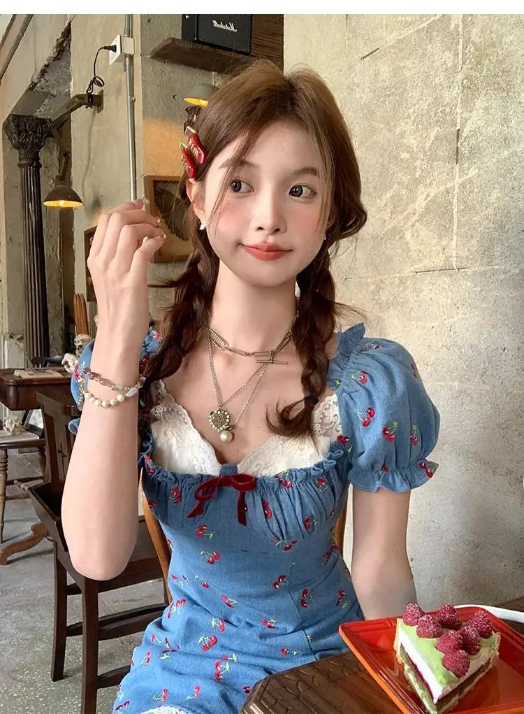 French Printing Mini Dress Japan Sweet Lace Summer One Piece Dress Fairy Evening Party Denim Dresses