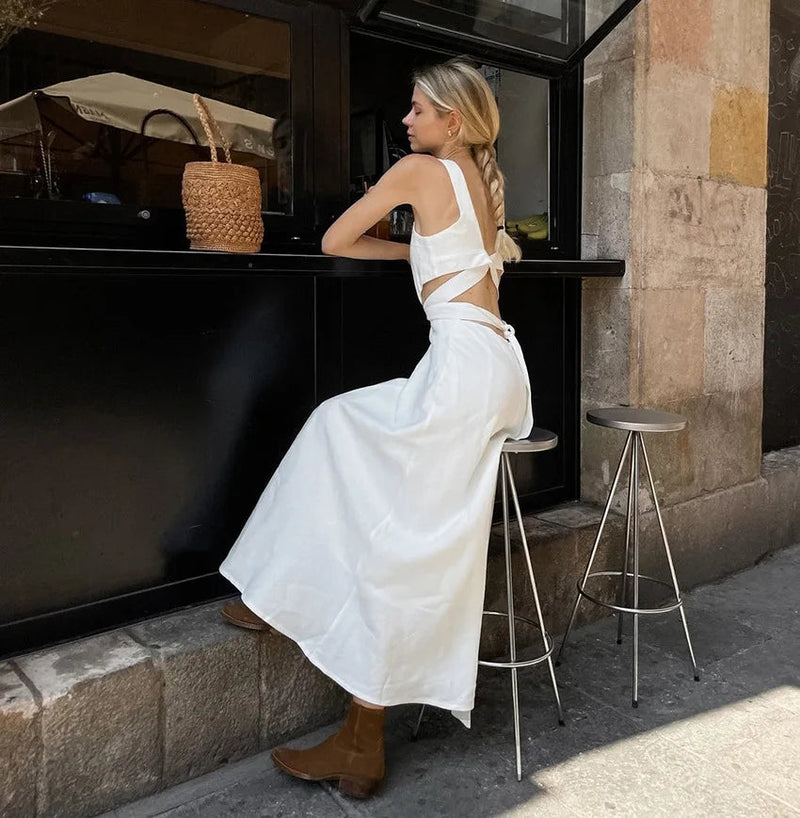 Summer White Midi Dress New Sleeveless Waist Hollow Out Long Dresses Lace-up Vestidos