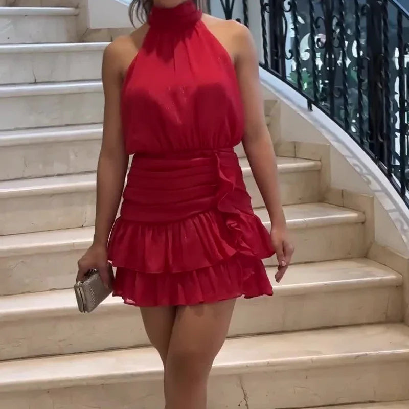 Oneck Slim Draped Party Dress Spring High Waist Ruffle Mini Dress Summer Sleeveless Bodycon Dress