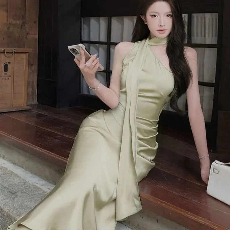 New Maxi Dresses Summer Sleeveless Off Shoulder Slim Dress High Street Club Lady Folds Dresses