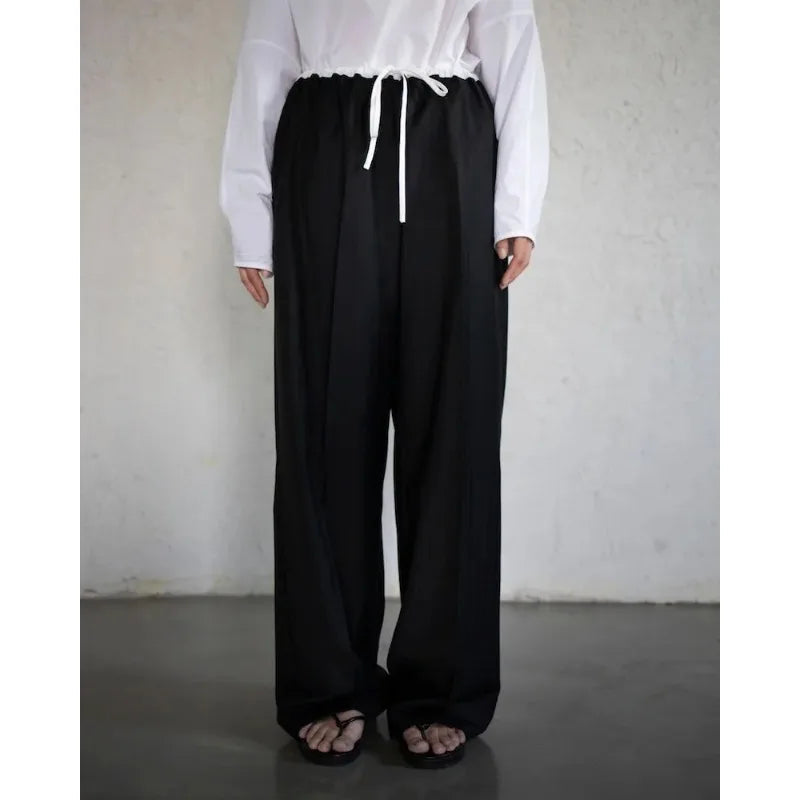 Summer Korean Retro High Street Black and White Stitching Elastic Laceup Wide Leg Pants
