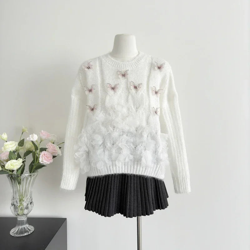 Sweet Hot Girl Butterfly Flower Sweater Autumn/winter Oneck Loose Longsleeved Knitted Sweater Female Clothes