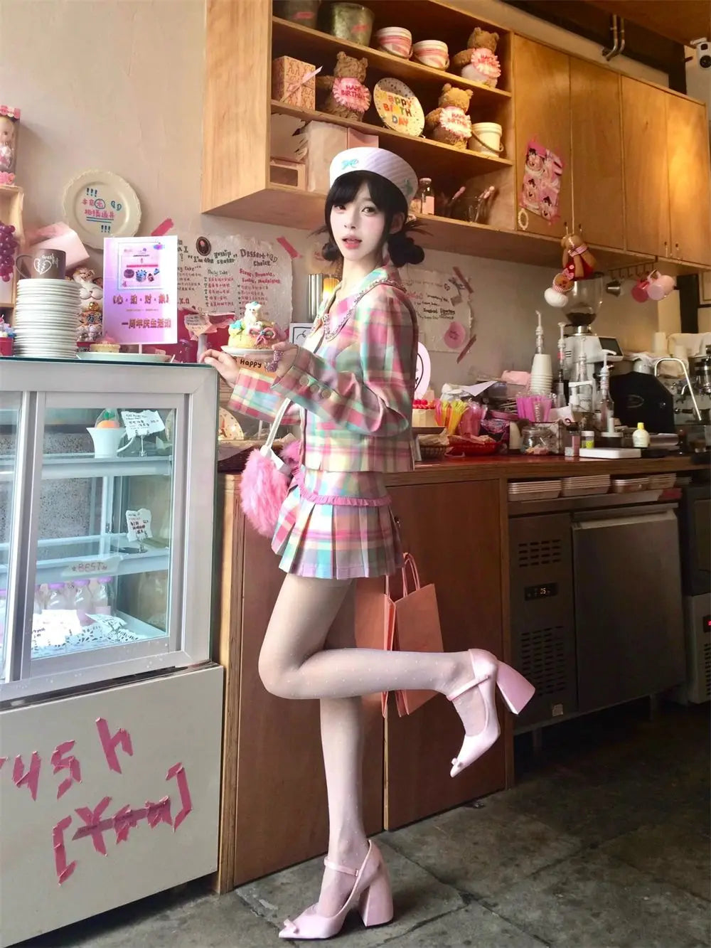 Sweet Rainbow Plaid Skirts Set Autumn New Doll Neck Coat Top High Waist Slim Pleated Short Skirt Two Piece Sets Outfits