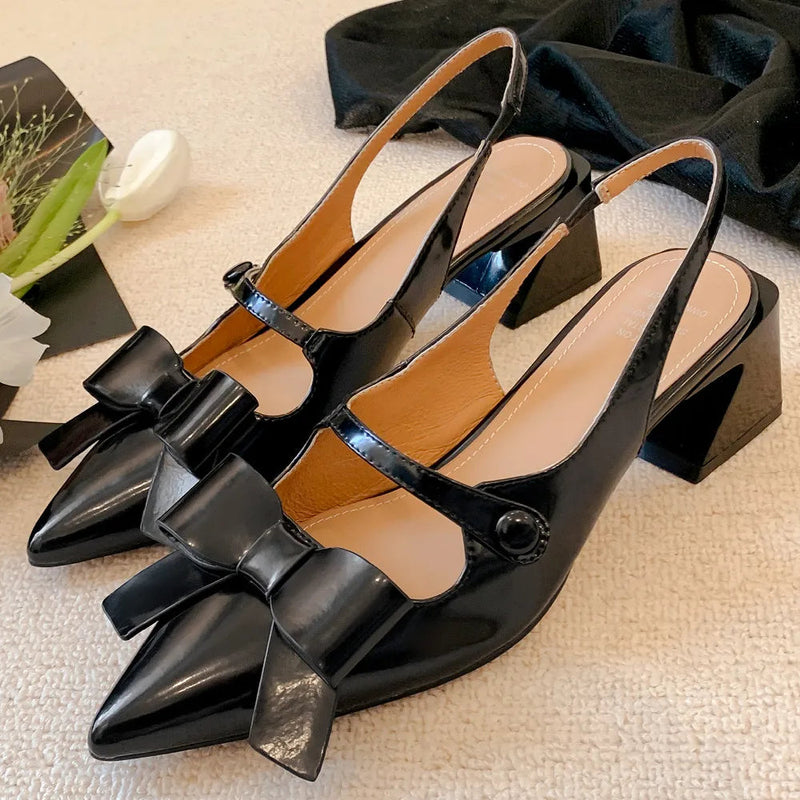 Genuine Leather Thick High Heel Pointed Toe Slipon Pumps Sweet Bowtie Korean Style Summer Heeled Sandals Shoes