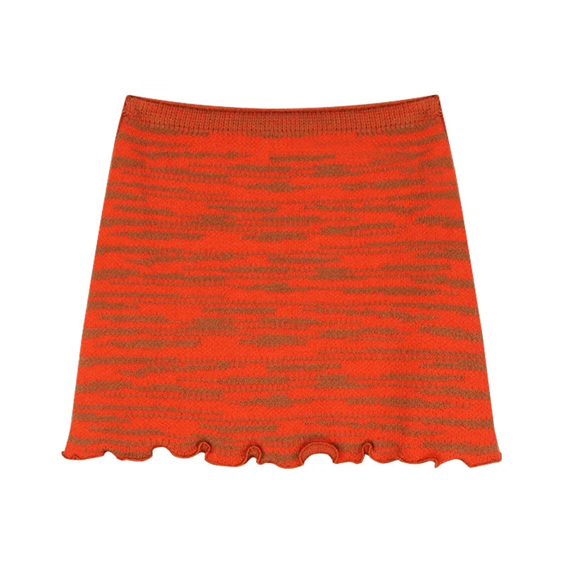 Y2k Orange Striped Suit Fungus Edge Longsleeved Knitted Cardigan Autumn Short Skirt 2piece Set