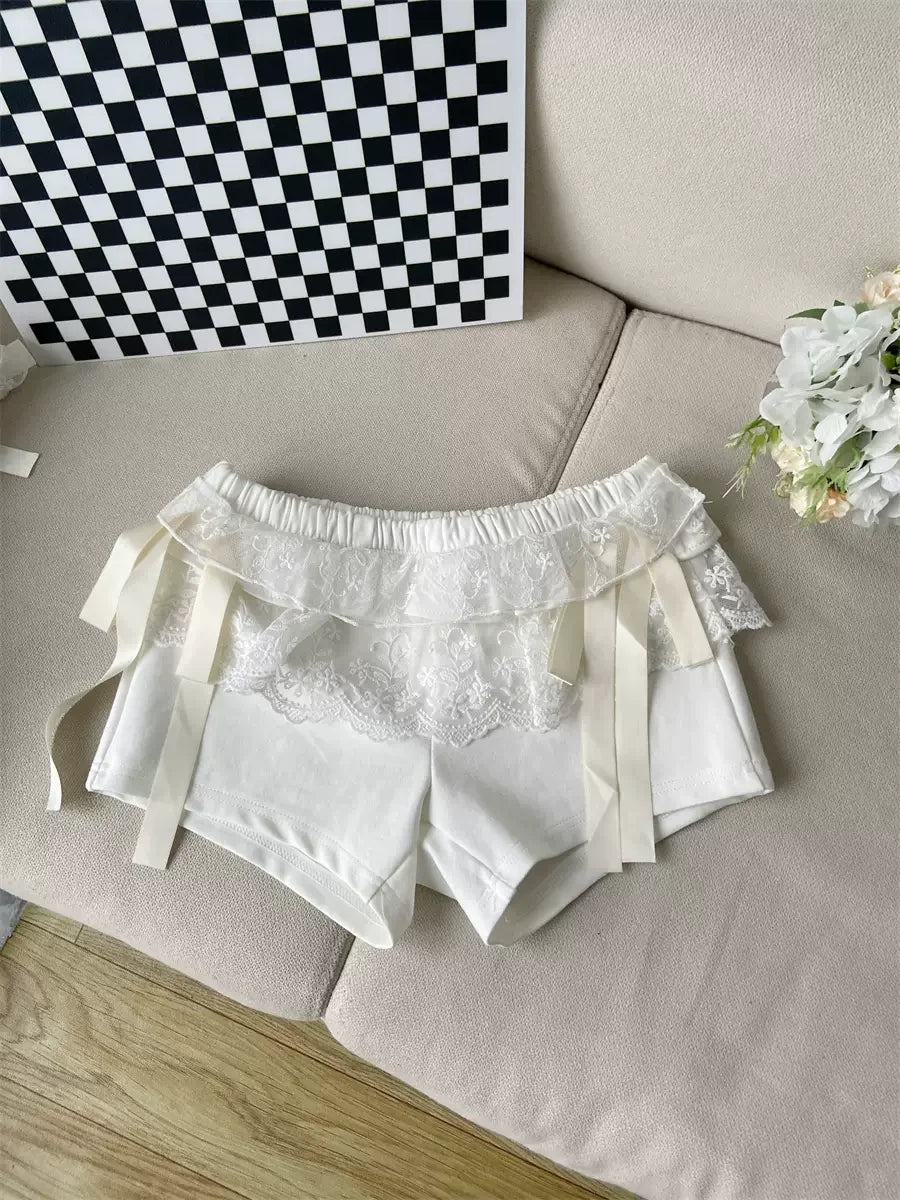 Lace Patchwork Black Shorts Bow Elastic Waist Girl Tight Short Pants Summer Ballet Style Kawaii Clothes