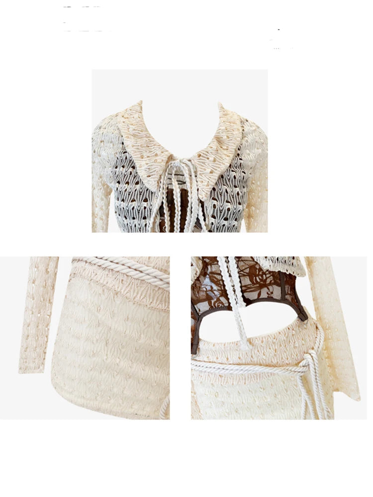 Fall Vacation Rave Crochet Night Club Outfits 2 Piece Set Long Sleeve Lace Up Crop Top + Gyaru Coquette Mini Skirt