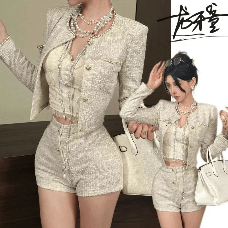 Sweet Hot Girl Tweed Suit Autumn Oneck Longsleeved Jacket High Waisted Shorts Twopiece Set Female Clothes