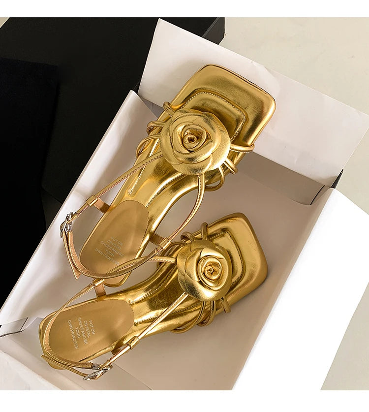 Open Toe Camellia Flower Sandals Square Toe Hollow Summer Strappy Daily Dress Shoes High Heels Beach Shoes