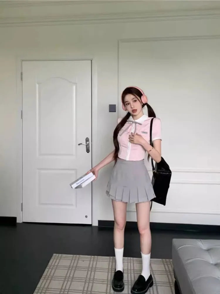 Kawaii Pink Blouse Preppy Style Short Sleeve Lace Up Lapel Collar Shirt Summer Slim Fit Aesthetics Clothes