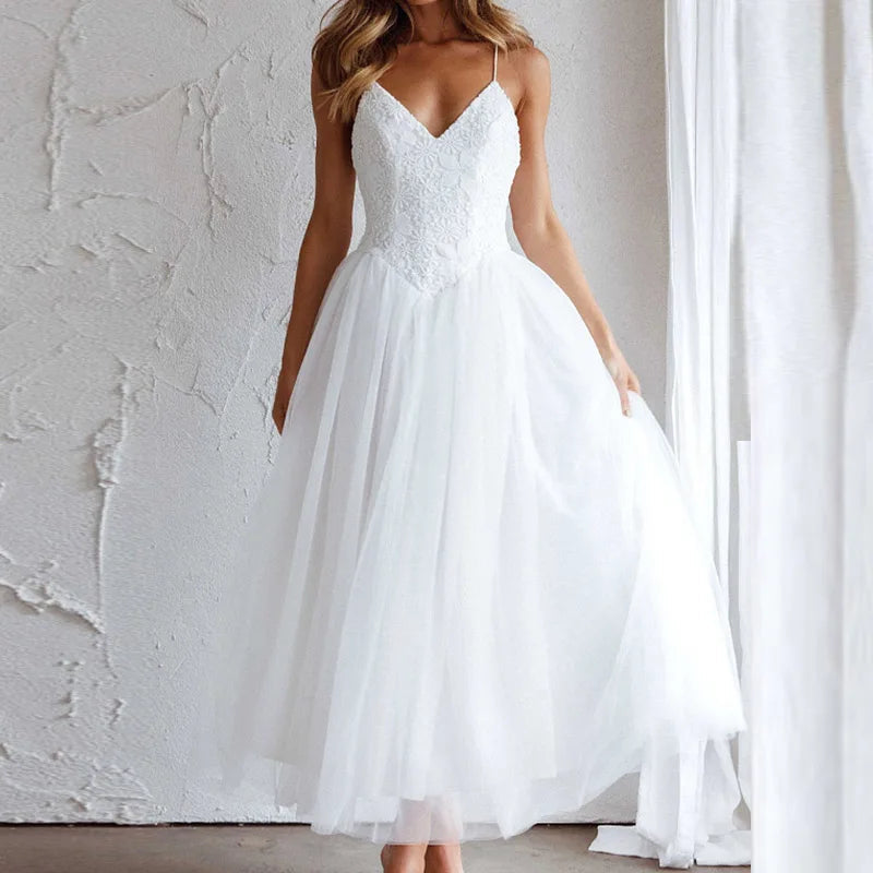 Embroidered Lace Party Dress Vneck Sleeveless Long Dress Loose Hollow Out Beach Dress