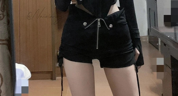 Spring New Slim Fit Black Long Sleeve Zipper Tops + High Waist Drawstring Shorts Y2k Egirl Two Piece Sets