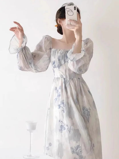 Autumn Printed Midi Dress Lantern Sleeve Square Collar Slim Waist Vestidos Holiday Outfits
