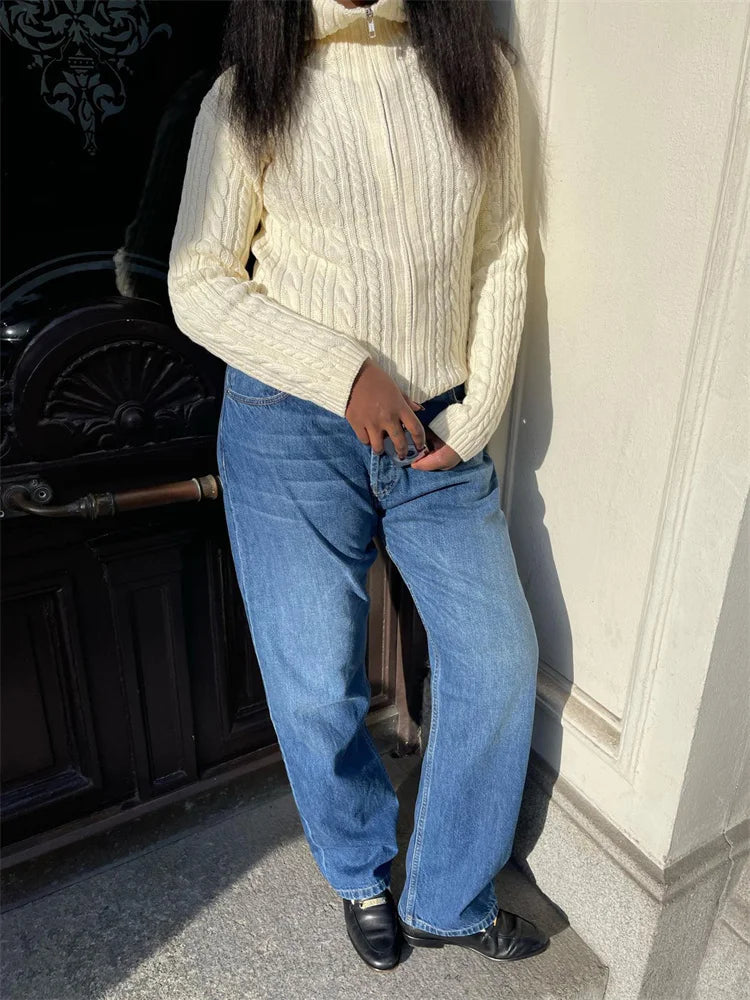 Knit Sweater Cardigan for Patchwork Winter Long Sleeve Lapel Zipper Outwear Knitwear Female New