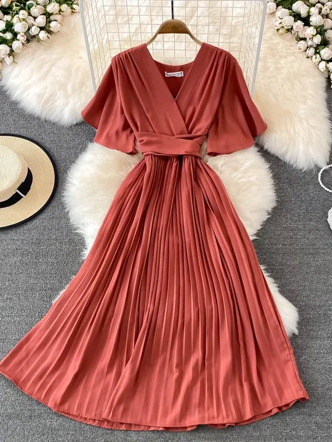 Pleated Dress Summer Short Sleeve V-neck Dresses a Line High Waisted Midi Dress