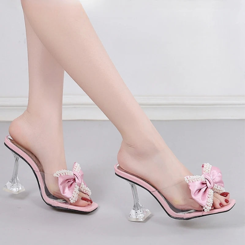 Pearl Bow Designer Slipper New Transparent Pvc High Heeled Sandals Non Slip Mule Shoes Pumps