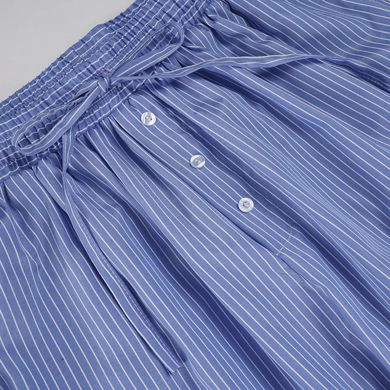 Blue Striped Print Pants Elastic Low Rise Loose Trousers Y2k Aesthetic Korean Style Hippie Trousers