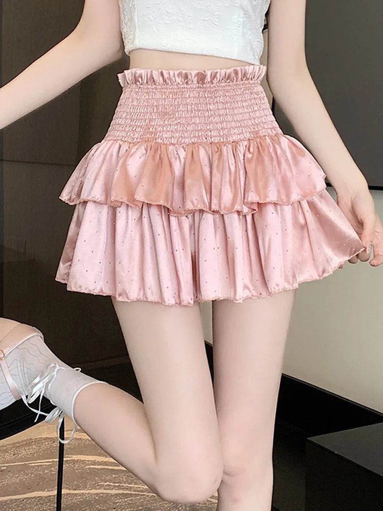 Y2k Ruffles Pink Mini Skirts Sweet Kawaii High Waist a Line Skirt Summer Korean Black Ball Gown Skirts